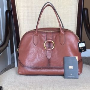 Cognac Frye bag with long strap. 3 inside pockets